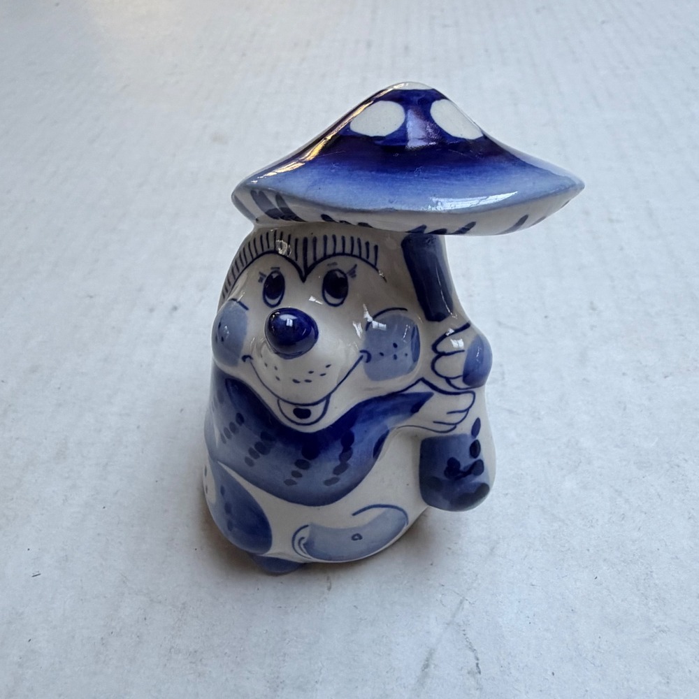 Gzhel Style Ceramic Hedgehog with Mushroom Figurine Blue and White Folk Art Gift